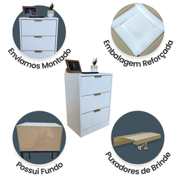 Mesa de Cabeceira Branca 30cm 3 Gavetas Mdf Quarto Gaveteiro Puxador Dourado-sem Rodinhas Já Montado - 2