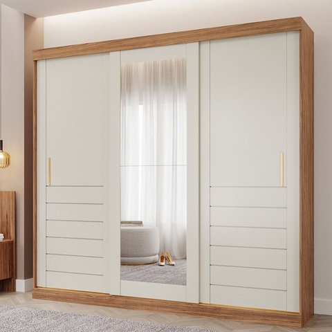 Guarda-Roupa Casal 235cm 3 Portas de Correr com Espelho 100% MDF Boston Espresso Móveis Off White/Cinamomo