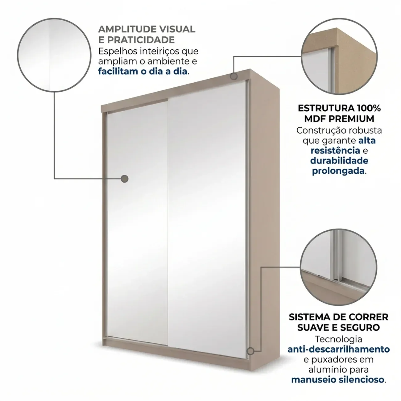 Ver imagem 6 de Guarda-Roupa Solteiro 2 Portas com Espelho 100% MDF Geneve Bege/Panna