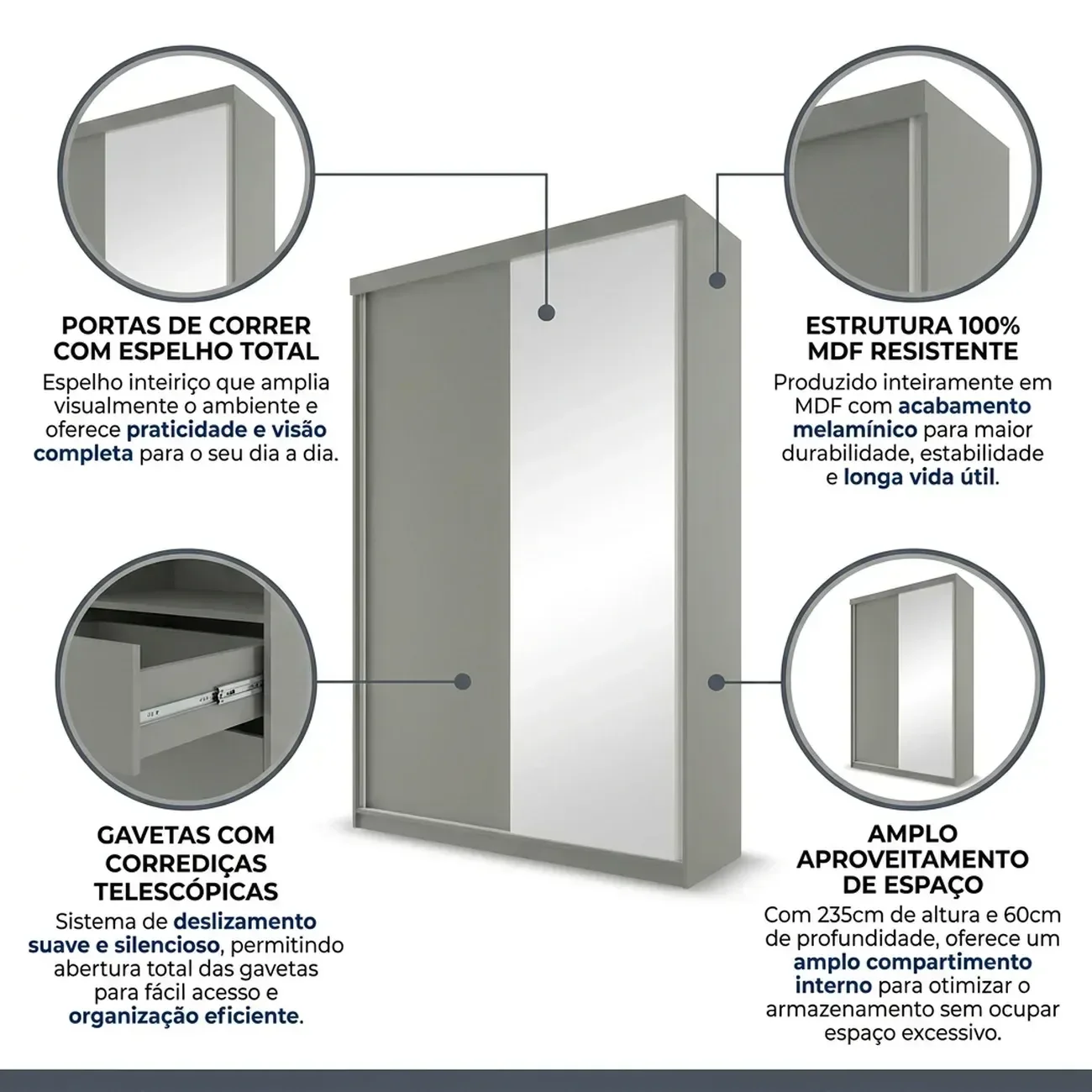Ver imagem 6 de Guarda-Roupa Solteiro 2 Portas e 1 Espelho 100% MDF Geneve Cinza/Urbi
