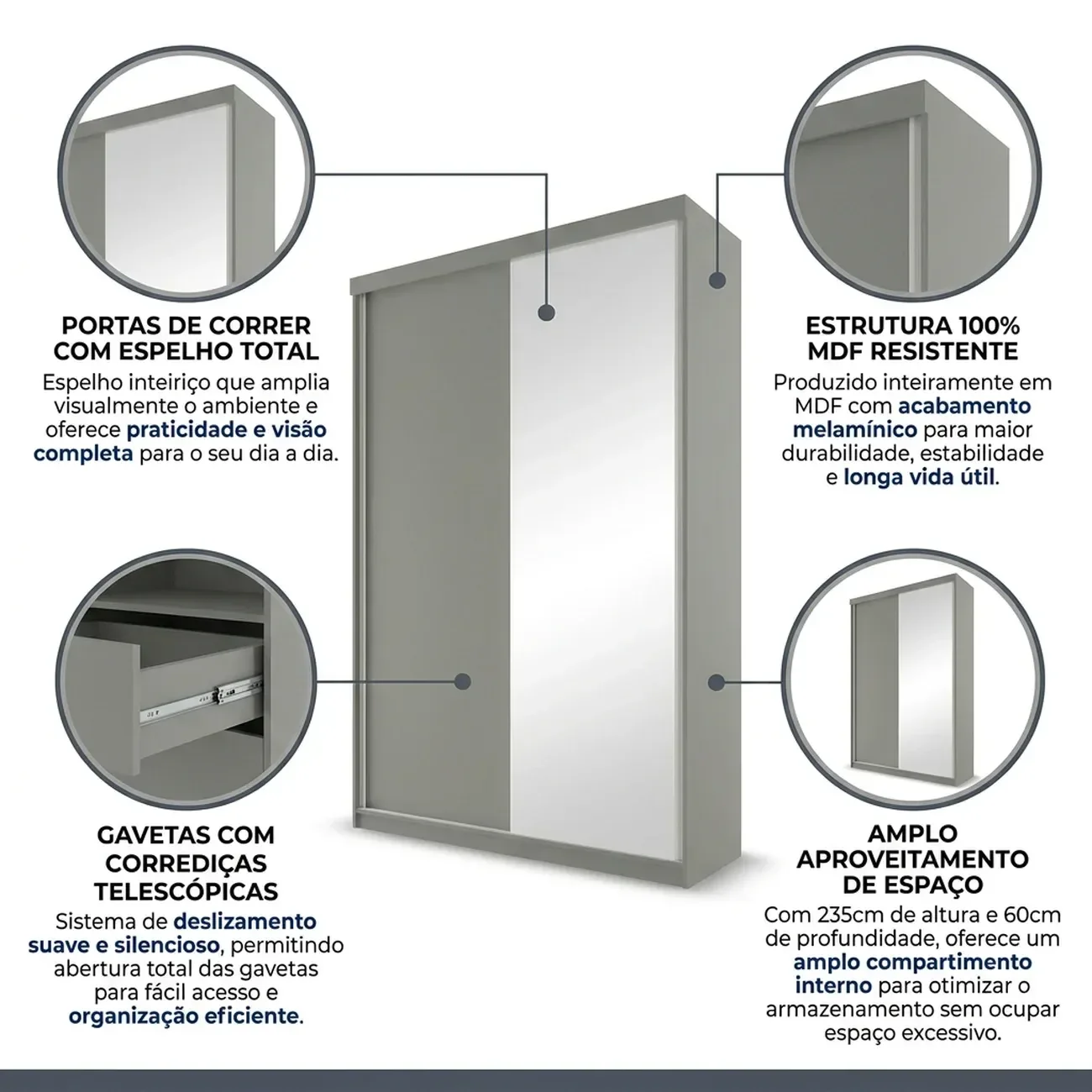 Ver imagem 6 de Guarda-Roupa Solteiro 2 Portas e 1 Espelho 100% MDF Geneve Cinza/Urbi