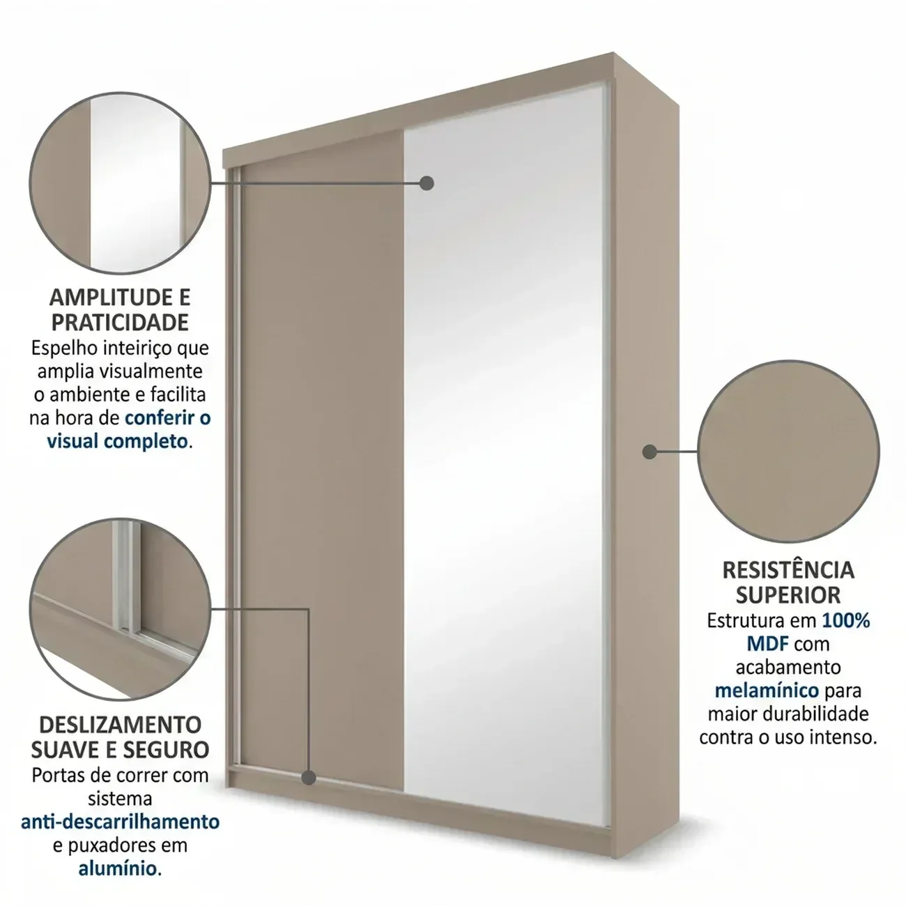 Ver imagem 6 de Guarda-Roupa Solteiro 2 Portas e 1 Espelho 100% MDF Geneve Bege/Panna