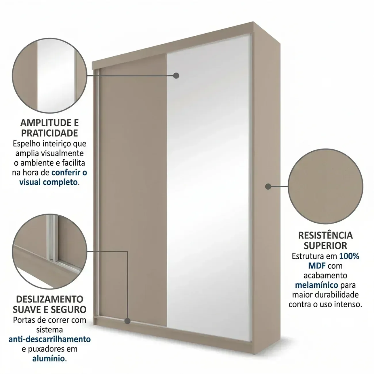 Ver imagem 6 de Guarda-Roupa Solteiro 2 Portas e 1 Espelho 100% MDF Geneve Bege/Panna