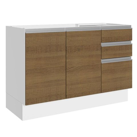 Balcão Gabinete de Pia Armário de Cozinha 100% MDF 120 cm 3 Portas e 2 Gavetas Branco/Rustic Acordes Madesa