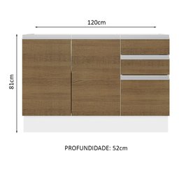 Balcão Gabinete de Pia Armário de Cozinha 100% MDF 120 cm 3 Portas e 2 Gavetas Branco/Rustic Acordes Madesa - 3