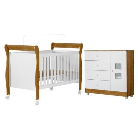 Quarto de Bebê com Berço Mini Cama 100% MDF Slim e Cômoda de Bebê 100% MDF 1 Porta 4 Gavetas Life Branco/Madeirado Ypê