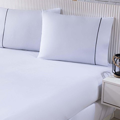Jogo de Cama 100% Algodão Percal 150 Fios Solteiro Gran Moratta 2 Peças - Branco e Detalhe Cinza