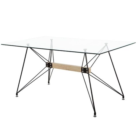 Mesa de Vidro Anm8013m Anima Office Retangular 180x90 Base Metal Preto Ferro Detalhe Imita Madeira