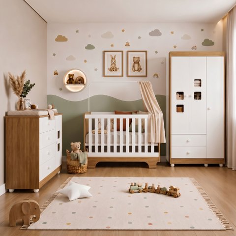 Quarto de Bebê com Berço Mini Cama, Cômoda 1 Porta 4 Gavetas e Guarda Roupa 3 Portas 2 Gavetas Life 