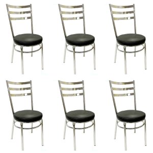 Cadeira de Cozinha Redonda com Reforço Cromada Assento Grosso Preto Kit 6 Unidades