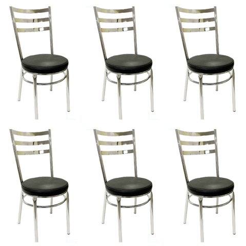 Cadeira de Cozinha Redonda com Reforço Cromada Assento Grosso Preto Kit 6 Unidades