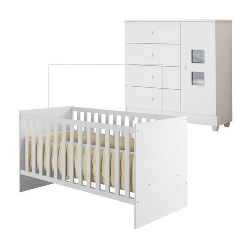 Quarto de Bebê com Berço com Suporte 100% MDF Life e Cômoda de Bebê 100% MDF 1 Porta 4 Gavetas Life Branco