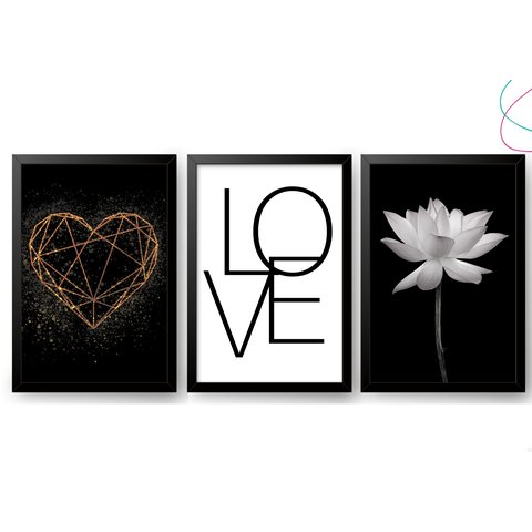 3 Quadros Decorativos - Coração Dourado, Love, Flor de Lótus:preta