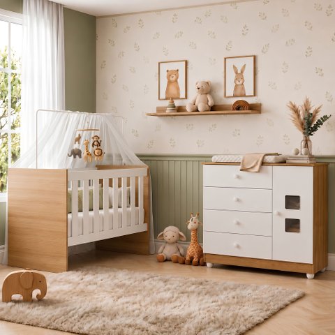 Quarto de Bebê com Berço com Suporte 100% MDF Life e Cômoda de Bebê 100% MDF 1 Porta 4 Gavetas Life 