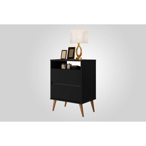 Mesa de Cabeceira Lotus com Pés Palito Estilo Retrô Duas Gavetas e Nicho – J&a Móveis:preto