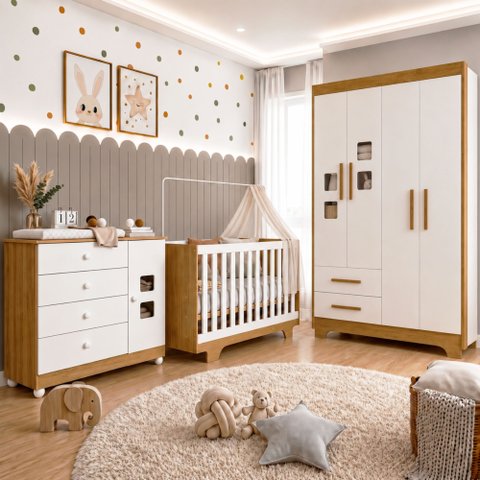 Quarto de Bebê Berço Mini Cama, Cômoda 1 Porta 4 Gavetas Life e Roupeiro 4 Portas 2 Gavetas Fly Bran