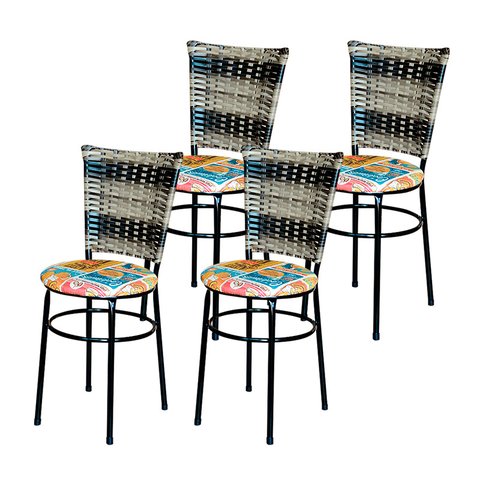 4 Cadeiras para Mesa Preta Hawai Cappuccino Premium Assento Floral:happy Hour