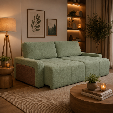 Sofá Cama Dublin,1,90m Retrátil e Reclinável, Tecido Bouclé, Erva- Doce Molas Ensacadas.