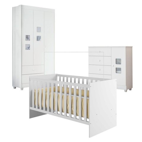 Quarto de Bebê com Berço com Suporte, Cômoda 1 Porta 4 Gavetas Life e Roupeiro 3 Portas 2 Gavetas Branco