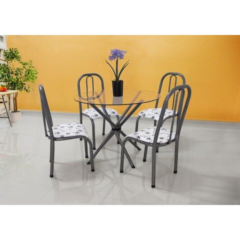 Conjunto Mesa Munique Redonda Vidro 04 Cadeiras Chumbo Aço jantar ultimas unidades Quality