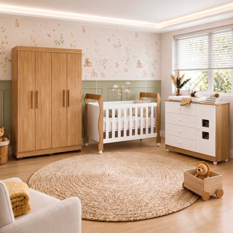 Quarto de Bebê com Berço Mini Cama, Cômoda 1 Porta 4 Gavetas e Roupeiro 4 Portas 3 Gavetas 100% MDF 