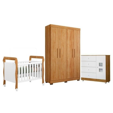 Quarto de Bebê com Berço Mini Cama, Cômoda 1 Porta 4 Gavetas e Roupeiro 4 Portas 3 Gavetas 100% MDF Branco/Madeirado Ypê