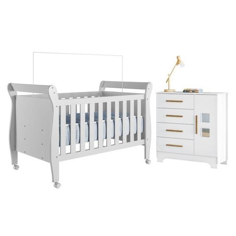 Quarto de Bebê com Berço Mini Cama 100% MDF Slim e Cômoda 4 Gavetas 1 Porta Fly 100% MDF Branco