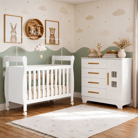 Quarto de Bebê com Berço Mini Cama 100% MDF Slim e Cômoda 4 Gavetas 1 Porta Fly 100% MDF Branco