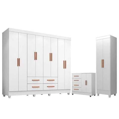 Guarda Roupa Casal Porto 8 Portas Cômoda 4 Gavetas 2 Portas Armário Multiuso Lite Branco Brilho Le