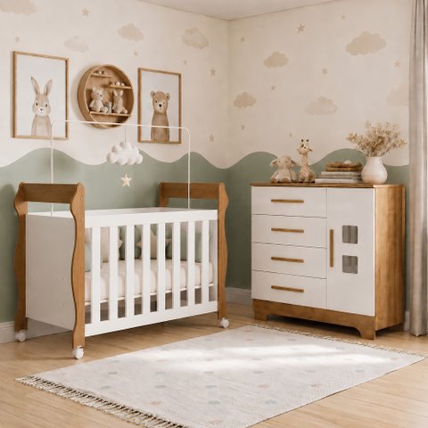 Quarto de Bebê com Berço Mini Cama 3 em 1 Soninho e Cômoda 4 Gavetas 1 Porta Fly 100% MDF Marrom/Bra