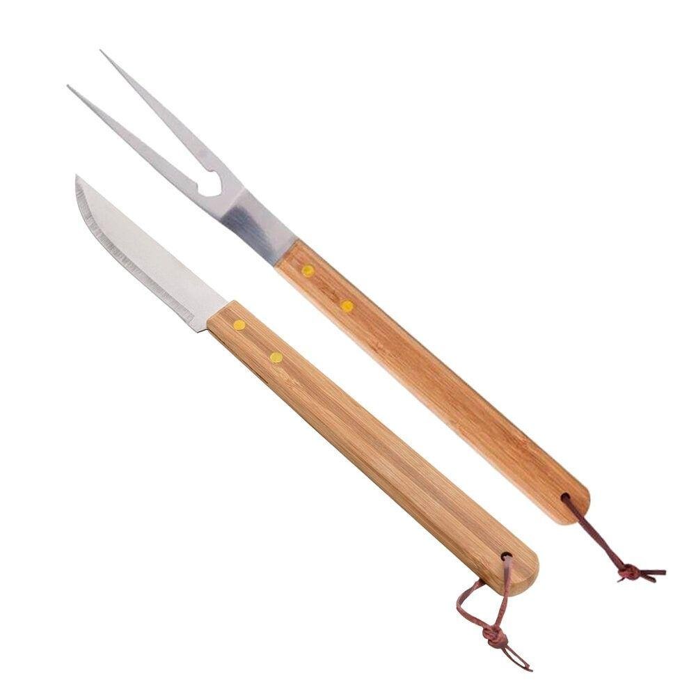 Jogo Garfo e Faca de Churrasco Profissional Corte Aço Inox Cabo Bambu Açougueiro 37cm Lyor - 1