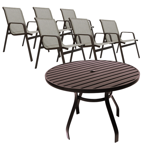 6 Cadeiras e Mesa 120cm Tampo Ripado Alumínio Piscina Jardim