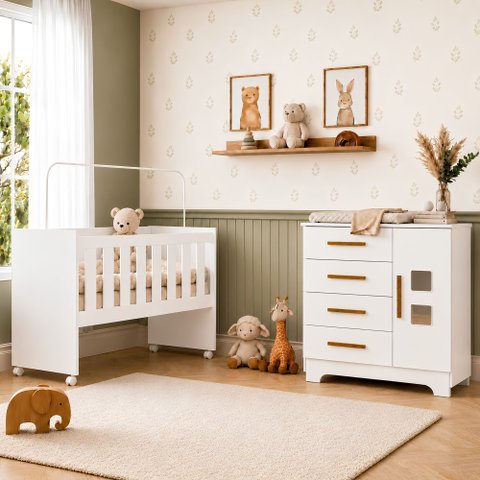Quarto de Bebê com Mini Berço com Colchão 5 em 1 Ariel e Cômoda 4 Gavetas 1 Porta Fly 100% MDF Branc