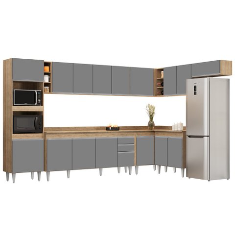 Armário de Cozinha Modulada de Canto 9 Peças CP05 Balcão com Tampo Castanho/Cinza - Lumil Lumil Móve