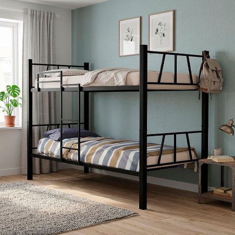 Cama Beliche Solteiro Aço Reforçado com Escada Estrutura Metálica com Colchões D23 - Preto