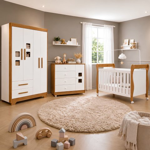 Quarto de Bebê Berço Mini Cama com Colchão, Cômoda 1 Porta 4 Gavetas e Roupeiro 4 Portas 2 Gavetas B