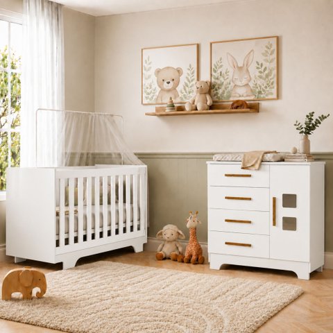 Quarto de Bebê com Berço Mini Cama 100% MDF com Colchão Life e Cômoda 4 Gavetas 1 Porta Fly 100% MDF