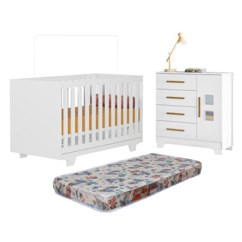 Quarto de Bebê com Berço Mini Cama 100% MDF com Colchão Life e Cômoda 4 Gavetas 1 Porta Fly 100% MDF Branco
