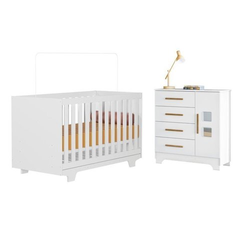 Quarto de Bebê com Berço Mini Cama 100% MDF Life e Cômoda 4 Gavetas 1 Porta Fly 100% MDF Branco