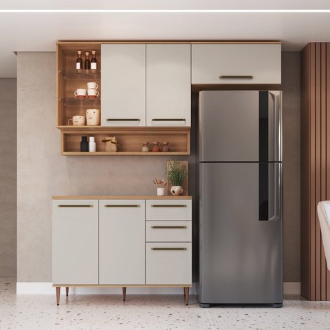 Cozinha Compacta Modulada 5 Peças com Tampo 120cm e Nicho Decorativo Isabelle Bege/Freijó/Arenas