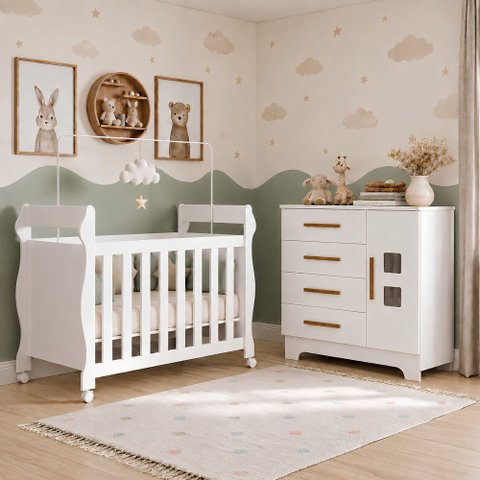 Quarto de Bebê com Berço Mini Cama 3 em 1 Soninho 100% MDF e Cômoda 4 Gavetas 1 Porta Fly 100% MDF B