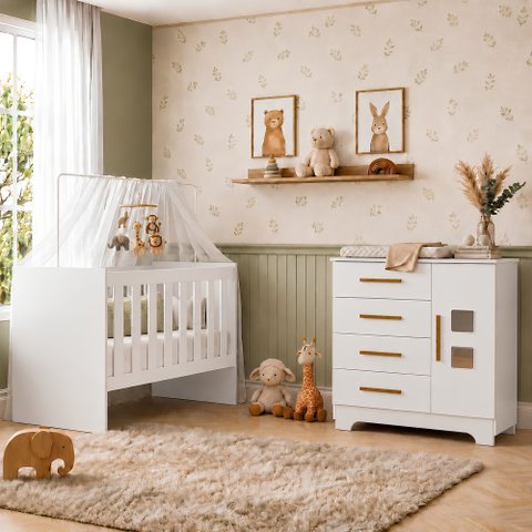Quarto de Bebê com Berço com Suporte 100% MDF Life e Cômoda 4 Gavetas 1 Porta Fly 100% MDF Branco