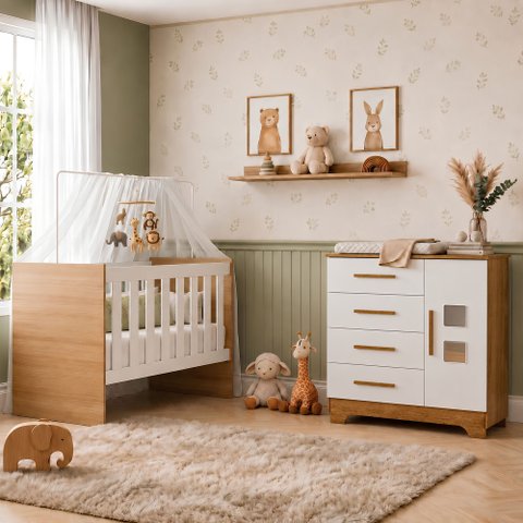 Quarto de Bebê com Berço com Suporte 100% MDF Life e Cômoda 4 Gavetas 1 Porta Fly 100% MDF Branco/Ma