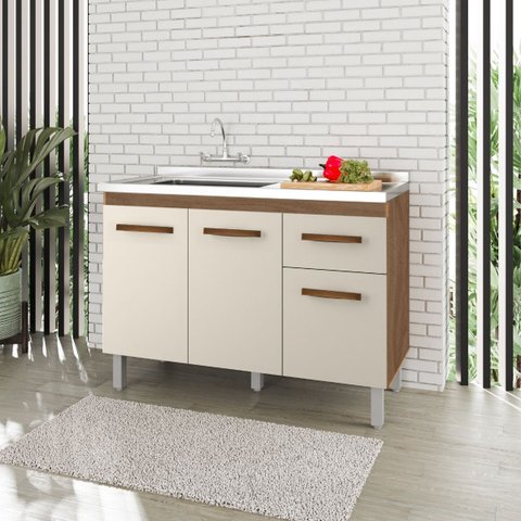 Balcão de Cozinha Pia Anita 1,20m 3 Portas 1 Gaveta Cor:savana / Off White