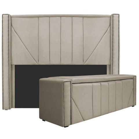 Kit Cabeceira E Calçadeira Baú King 195cm Suede Bege