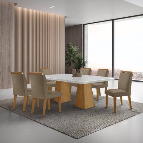 Conjunto Mesa de Jantar 180cm 6 Cadeiras Inovare MDF Marrom Grafite / Off White / Imbuia Ripado