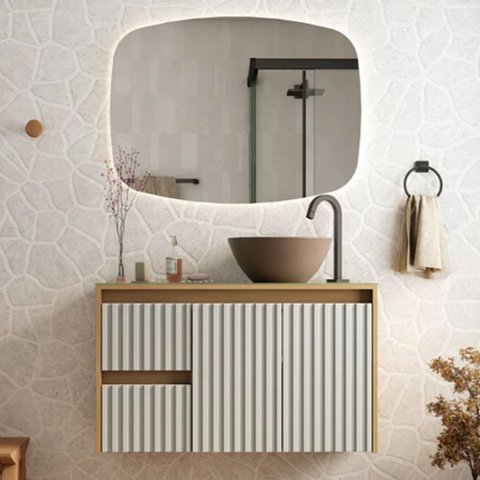 Conjunto Gabinete Banheiro Ripado Espelho e Cuba Suspenso:jequitiba/off White