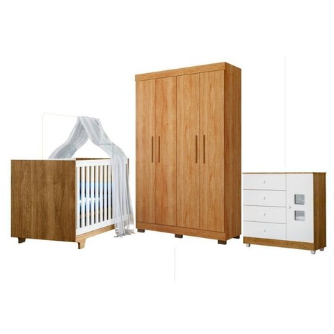 Quarto de Bebê com Berço Mini Cama, Cômoda 1 Porta 4 Gavetas e Roupeiro 4 Portas 3 Gavetas Branco/Madeirado Ypê