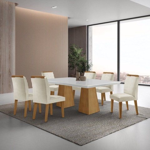 Mesa Inovare 180 Tp MDF Vidro/Canto Reto com 6 Cadeiras Bugatti Marrom/Creme/Off White/Imbuia Ripado