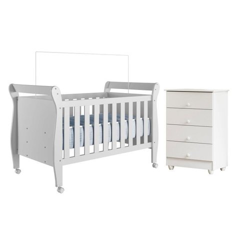 Quarto de Bebê com Berço Mini Cama 100% MDF Slim e Cômoda de Bebê 100% MDF 4 Gavetas Soft Life Branco